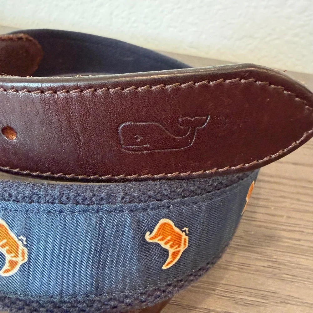 Vineyard‎ Vines Mens Navy Blue Cowboy Boot Embroidered Canvas Leather Belt Sz 34